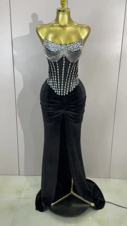 Luxury Sparkly Rhinestones Mesh Sexy Split Velvet Long Dress With Gloves Birthday Celebrate Wedding Gown Stage Photo Shoot Wear