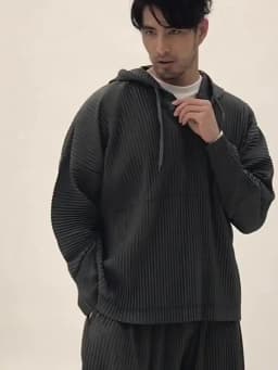 Miyake Pleated Hoodies For Men Breathable Loose Drawstring Casual Top