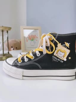 Amy and Michael Lovely Girls Students Casual Flat Sneakers High Top Black Canvas Shoes Cute Tennis Female Woman Vulcanize Shoes