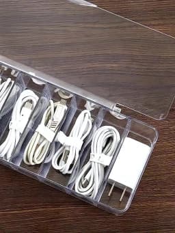 The Transparent Plastic Data Cable Storage Box Household Cable MobilePhone Charger Charging Cable Finishing Box Divided Grid Box