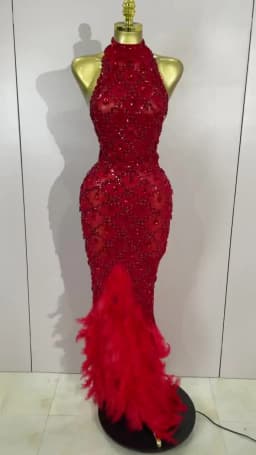 Luxury Sparkly Red Rhinestones Feather Sexy Mesh See Through Long Dress Women Birthday Evening Nightclub DJ Dancer Stage Costume