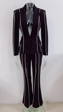 HIGH QUALITY Newest 2025 S/S Designer Suit Set Women's Single Button Hollow Out Diamonds Beaded Lapel Blazer Flare Pants Set