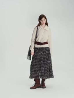 DUSHU Blue Brown Plaid Tulle Pleated Plaid Midi Skirt Women A-line Irregular Midi Skirt for Winter Vintage Fairy Personality Ins