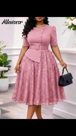Mlaiscsr Classy Pink Mid Dress for Women Puff Sleeve A-Line Belted Waist Buttoned Top Floral Lace Overlay Dresses Brunch Church