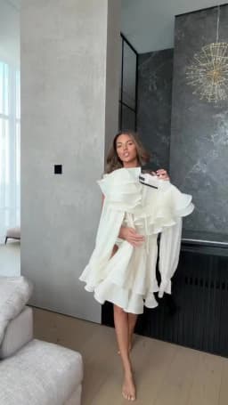 Solid Ruffle Mini Dress U Neck Long Puff Sleeve Tie Neck Tiered Hem Sweet Style Gown Soft Pastel Tones Fashion Chic Women Outfit