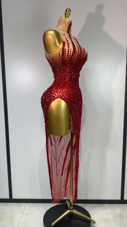 Sexy Red Mesh See Through Diamonds Sequins Dress Luxury Birthday Evening Party Costume Bar Nightclub Stage Performance Outfit