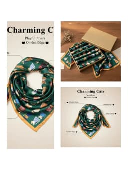 100% Mulberry Silk Square Scarf Cartoon Cat Print Cute Colorful Cat Pattern Luxury Silk Neck/Head Wrap Perfect Gift for CatLover