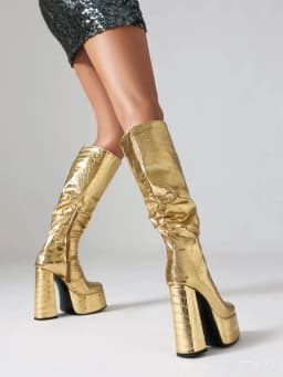 Checkered Pleated Side Zipper Women's Knee High Boots With Thick Heels Platform Stone Pattern Patch Soft Leather Boots