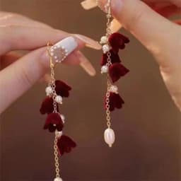 Vintage Wine Red Flocking Flower Drop Earrings For Women Jewelry 2026 Trending Long Bowknot Crystal Pearl Bridal Dress Earrings