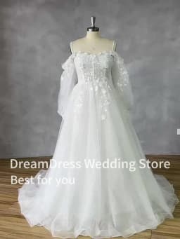 DREAM Customized Off Shoulder Lace Glitter Wedding Dresses Long Puff Sleeve 3D Flowers Boho Bride Gown 2026 Vestidos De Novia