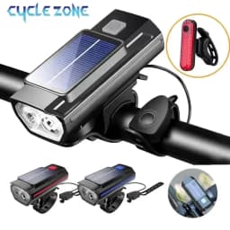 Solar Power Bike Light with Horn Bicycle Headlight Flashlight Taillight Cycling Front Rear Lamp Bike Light Set for Night Riding