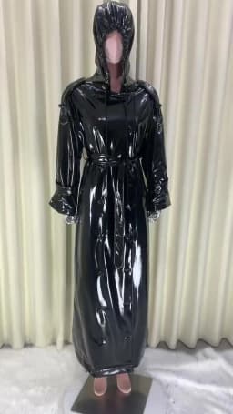 Mauroicardi Spring Autumn Cool Extra Long Shiny Reflective Waterproof Thin Black Soft Patent Faux Leather Coat Women with Hood