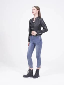 Women's Rivet PU zipper Leather Coat, Black Motorcycle Jacket, Standing Collar, Korean Punk Rock Fashion, Autumn and Winter