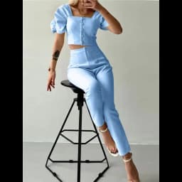 Elegant Women's Office Two Piece Sets Summer Fashion Solid Square Collar Single Breasted Short Sleeve Top & Long Pants Suit