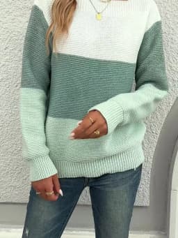 Elegant Three-color Patchwork Sweater Women Daily Commuter Casual Loose Jumpers Female Autumn Winter Knitted Thickened Warm Tops