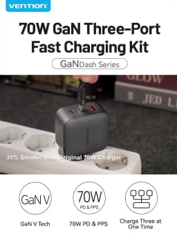 Vention 70W GaN Charger Quick Charge 3.0 USB C Charger for iPhone 17 16 15 Pro iPad Macbook Air Tablet PD Type C Fast Charger