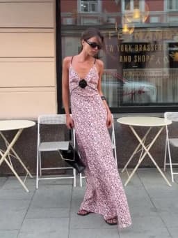Pink Ditsy Floral Satin Maxi Dress Spaghetti Strap Deep V Neck Front Black Rose Detail Ruffle Hem Women Street Vacation Dress