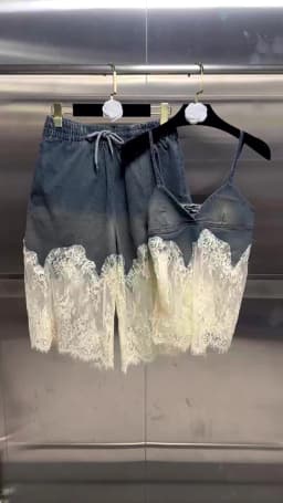 TWOTWINSTYLE Patchwork Lace Two Piece Set For Women V Neck Sleeveless Tops High Waist Loose Pant Slimming Denim Sets Female New