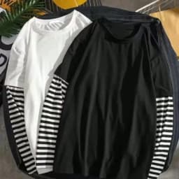 New Harajuku Black White Striped Y2K Long Sleeve Solid Color T-shirts Men Women Fall Fake Two Piece Long Sleeve Loose T-shirt