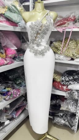 White Sexy One-Shoulder, Off-The-Shoulder, Rhinestone, Backless,One-Shoulder Tight, Hip-Hugging Bandage Dress