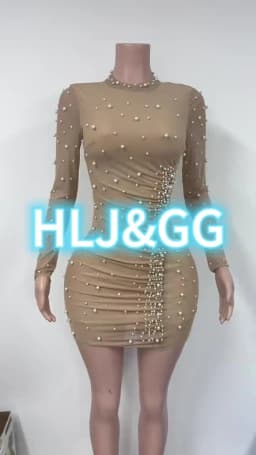 HLJ Sexy Rhinestone Patchwork Bodycon Mini Dresses Women Mesh Solid Color Long Sleeves Dress Female Streetwear Vestidos 2025 New