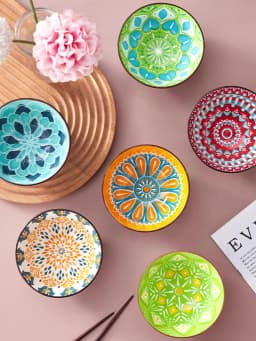 6pcs - Ceramic Bohemian Bowls, Pasta Bowls, Salad Bowls, Soup Bowls, Fruit Bowls, Appetizer Bowls, Safe for Microwave