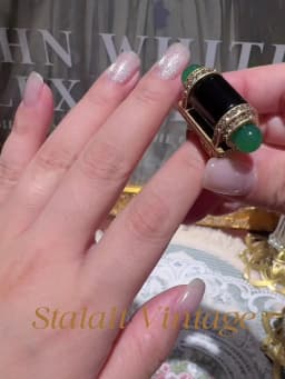 18K Gold-Plated Symmetrical Design Decorative Ring for Women - Black Onyx Emerald Rhinestone Banquet Evening Formal Jewelry