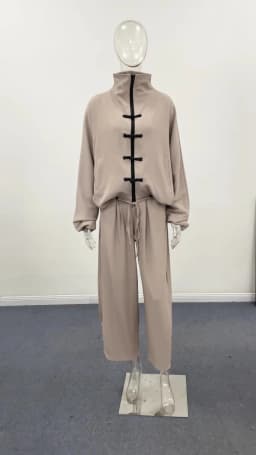 Casual Drawstring Women Outfit Chic Zipper Buttons Long Sleeve Stand Collar Female Coat Drape Wide Leg Pant Loose Streetwear Set