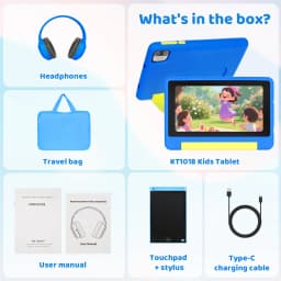 KT1018L Kids Tablet Bundle Complete Gift Set 7 Inch Small Portable Children Tablet Quad Core 8GB(2+6) RAM 64GB ROM Android13 2500mAh Battery Parental Control Lavender Blue Toddler Learning Tablet With Headphone & Storage Bag