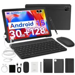 10.1 Inch Octa Core Tablet Bundle Android 15 Tablet 30GB(6+24) RAM 128GB ROM 1280*800 HD Screen 6200mAh Battery Keyboard Mouse Case Stylus Included Black Business Learning Tablet PC