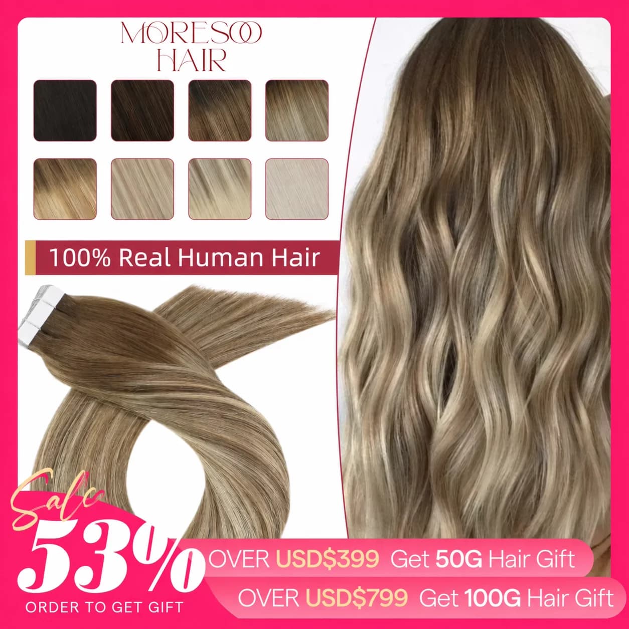 Moresoo Blonde Tape in Hair Extensions Human Hair Natural Straight Seamless Invisible Tape Remy Brazilian Hair for Beauty