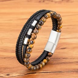 TYO High Quality Natural Stone Tiger Eye Beaded Bracelets Woven Leather Bangles Men Classic Fashion Magnet Clasp Jewelry Gifts