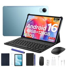 POCKAM P10PRO 10.1 Inch Tablet, Android 16 Tablets with 120Hz Display, 48GB+128GB/2TB, T7250 Octa-Core, 8800mAh, Widevine L1, Gemini AI, 13MP+5MP, 3.5mm Headphone, Tablet with Keyboard, Pen, Black