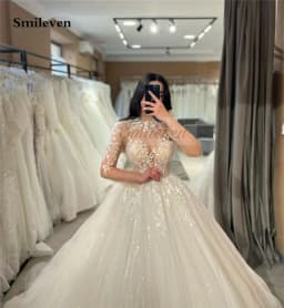 Smileven Long Sleeve Lace Wedding Dresses A Line High Neck Shiny Appliques Bridal Gowns Glitter Tulle vestidos de novia 2026