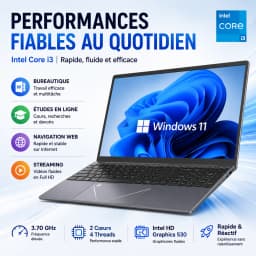 15.6-inch Full HD IPS Laptop with Intel Core i3, Windows 11 Pro, 16 GB RAM, 512 GB SSD, Wi‑Fi 5, Bluetooth 5.0, French keyboard, keyboard protective film, fingerprint reader, lightweight laptop for students, work, and desk use, 1920x1080 display