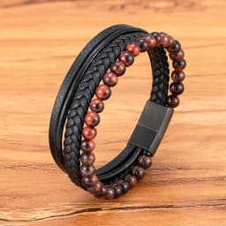 TYO High Quality Natural Stone Tiger Eye Beaded Bracelets Woven Leather Bangles Men Classic Fashion Magnet Clasp Jewelry Gifts