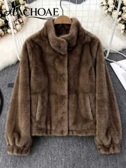 AACHOAE Women Faux Fur Jacket Winter Coat Stand Collar Long Sleeve Snap Button Warm Loose Casual Elegant Outerwear