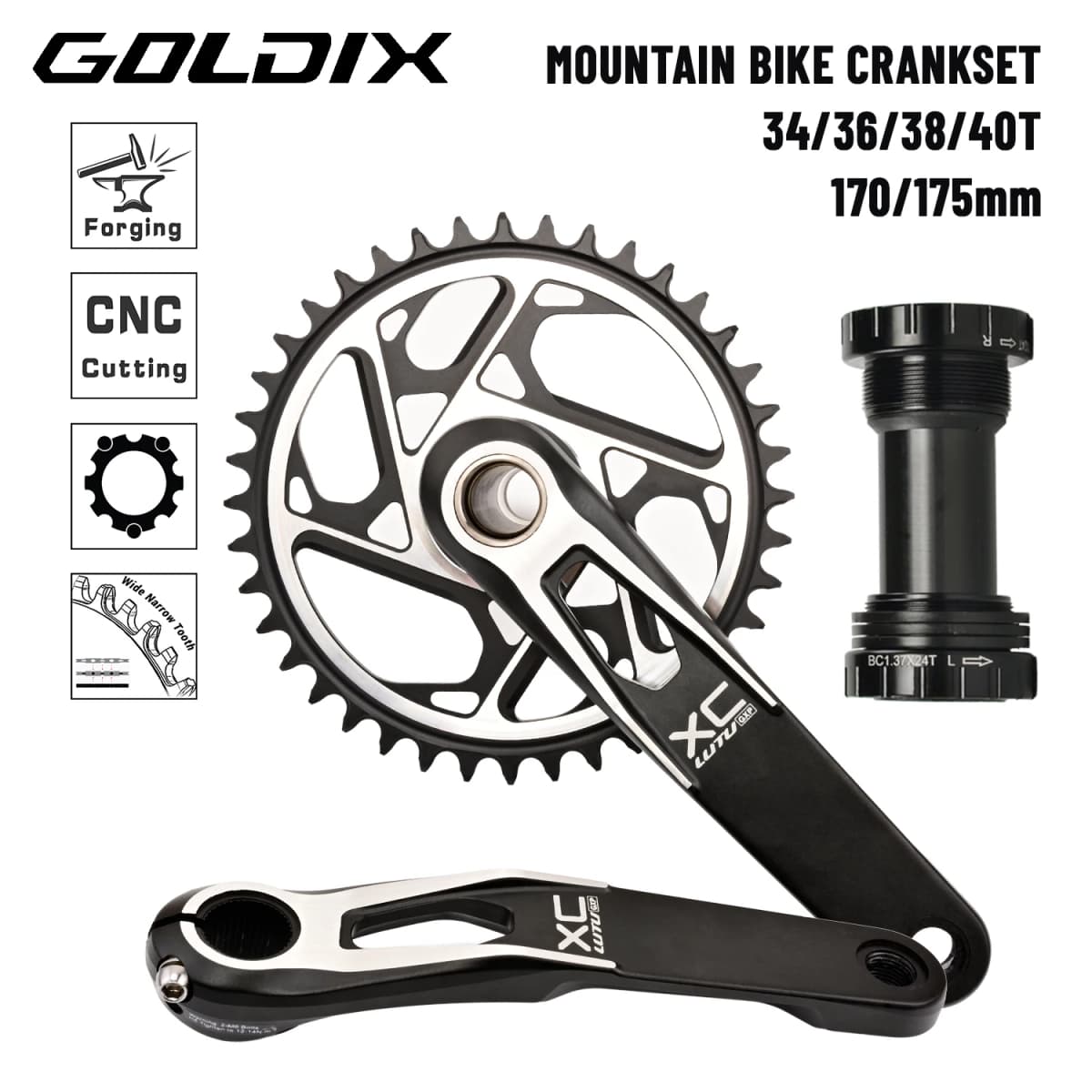 GOLDIX MTB Crankset 170/175mm SL 3 Bolt Direct Mount Crank 0mm Offset 34T 36T 38T 40T Chainring for XC AM