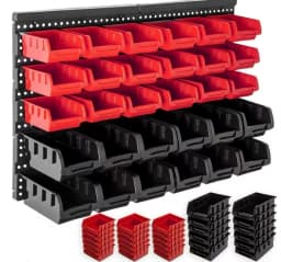 Wall Mounted Storage Bins Organizer Rack with 30 Dual Color Bins, Heavy Duty Plastic Hanging Parts Bin System, Garage Wall Hardware Holder for Screws Bolts Nuts Washers, Stackable Small Large Tool Containers for Workshop Shed DIY Craft Room