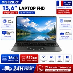 15.6-inch Full HD IPS Laptop with Intel Core i3, Windows 11 Pro, 16 GB RAM, 512 GB SSD, Wi‑Fi 5, Bluetooth 5.0, French keyboard, keyboard protective film, fingerprint reader, lightweight laptop for students, work, and desk use, 1920x1080 display