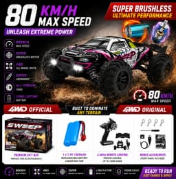 SZWDSE 1:16 Scale 4WD Off Road RC Car, Brushed 50KM/H & Brushless 80KM/H High Speed All Terrain Drift Buggy Truck, Remote Control Racing Toy with Dual Batteries for Kids Adults