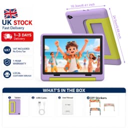 10.1 Inch Kids Tablet 24GB(3+21G) RAM 64GB ROM Android16 GMS Certified A333 Five-Core HD IPS 6000mAh Parental Control With Shockproof Silicone Case Stand Children Learning Tablet PC Purple Blue