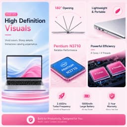 Ultra Slim Brand New PC 14.1'' Laptop Computer N3710 Quad Core 12GB RAM 256GB SSD Windows 10 Pro Notebook PC FHD 1080P Display Ultra Thin Portable Laptop WiFi Bluetooth 5.2 Webcam Computer for Student Business Office Home Use Lightweight Laptop PC