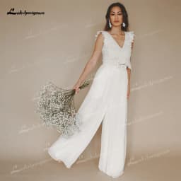 Simple Boho V-neck Sexy Open Back Button Lace Appliques Jumpsuit Wedding Dress Chiffon Bridal Gown Short Top Vestido Customized