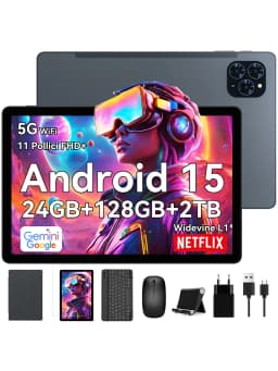 KINGRID T90 Android 15 Tablet PC with BT Keyboard,Mouse - Gemini AI, 24GB (8+16)RAM 128GB ROM, Octa Core T615, Gaming Tablet 11 Inch