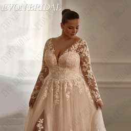 EVON BRIDAL Customized V-Neck Plus Size Wedding Dresses Full Sleeve A-Line Tulle Vestidos De Novia Applique Long Bride Gowns