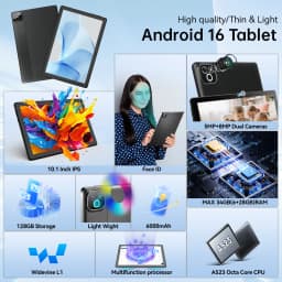 URAO X6 Android16 Tablet 10.1 Inch 34GB(6GB+28GB) RAM 128GB ROM Octa‑Core A523 CPU 1TB Expand 6000mAh Battery 1280x800 IPS Display Widevine L1 WiFi6 Tablet PC
