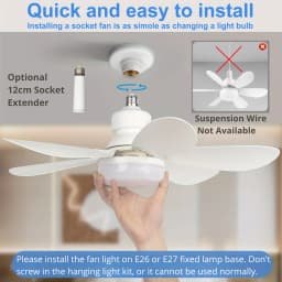 Socket Fan Light, 20.5in Small Ceiling Fan with LED, E26/27 Cordless Light Screw Fan for Kitchen Bedroom, Small Room