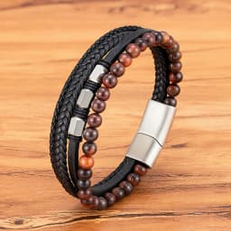 TYO High Quality Natural Stone Tiger Eye Beaded Bracelets Woven Leather Bangles Men Classic Fashion Magnet Clasp Jewelry Gifts