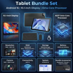 URAO X6ProL 10.1 Inch Android 16 AI Tablet PC 36GB(6GB+30GB) RAM 256GB ROM IPS Display A537 Octa‑Core 1TB TF Expand 6000mAh Battery WiFi 6 Full Kit with Keyboard Mouse Stylus Case Earphone for Study Work Entertainment Tablet Android